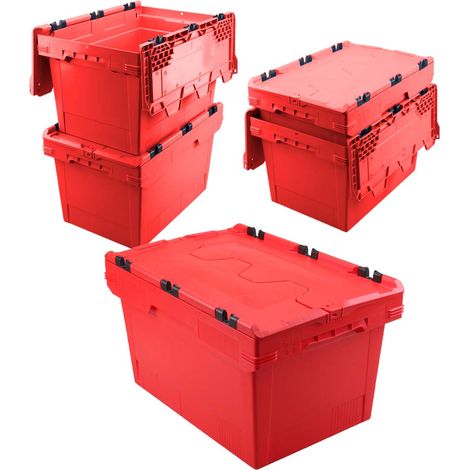 BRB Lot de 5 récipients réutilisables avec couvercle rabattable - Rouge - Dimensions : 600 x 400 x 350 mm - 58 l