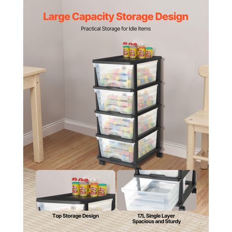 Chariot de rangement à 4 tiroirs en plastique, tour de rangement à roulettes, organiseur mobile à 4 niveaux, bac transparent pour f… (1/5)