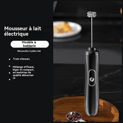 Mousseur à lait électrique - 3 vitesses - Fonctionne sur piles - (Noir) - Tête de mélange en acier inoxydable 304