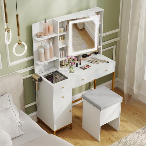Toeletta con specchio e sgabello, toeletta con contenitore, luci LED a 3 colori, tavolo da trucco, armadietti, cassetti, ripiani aperti, bianco (1/5)