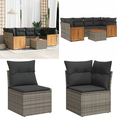 7-tlg. Garten-Sofagarnitur mit Kissen Grau Poly Rattan - Gartenmöbel Set - Rattan Möbel - Outdoor Lounge - Esstisch - Sofas - Home & Living (1/5)