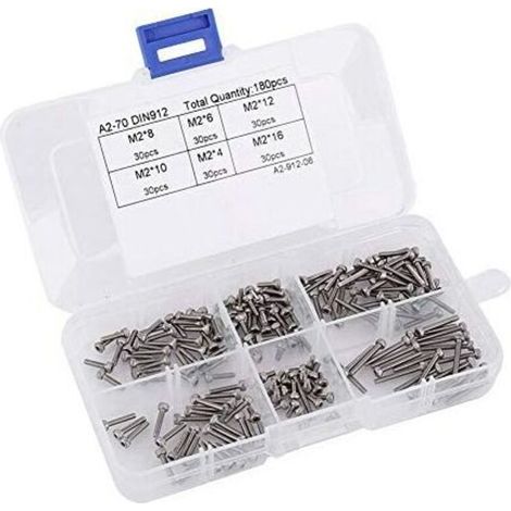 M2 Coffret de 180pcs DIN912 Assortiment Vis Boulon Tête Fraisée Cylindrique Six Pans Creux en Acier Inoxydable 304, M2 x 4/6/8/10/12/16mm (1/4)