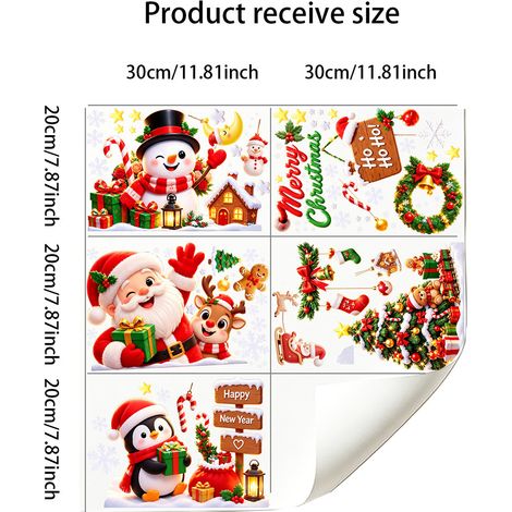Autocollants de Noël pour vitrines et portes vitrées, motifs de dessins animés : Père Noël, pingouin, bonhomme de neige, autocollants statiques - JS132-136 (2030cm5pcs)