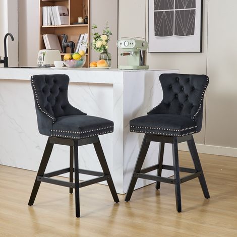 Lote de 2 taburetes de bar giratorios - 55 x 44,5 x 97,5 cm - patas de madera y ribete con tachuelas cromadas - terciopelo negro