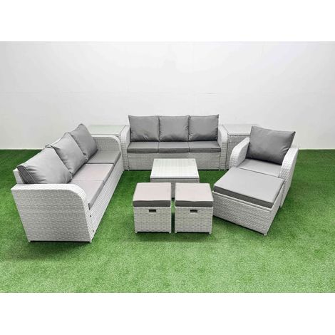 Fimous 10 Seater Poly Rattan Outdoor Garden Furniture Square Coffee Table Sofa Set Patio 3 Seater Sofa Reclining Chair 3 Seater Sofa 3 Stools 2 Side Table Light Grey (1/4)