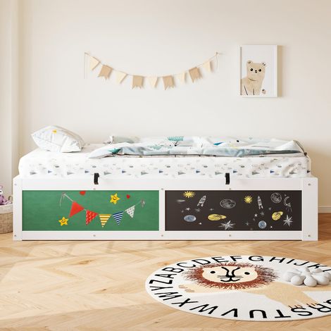 Lit simple enfant bois blanc 90x200 cm, tête réglable hydraulique, plateau velours et rangement. Montable gauchedroite. (1/5)