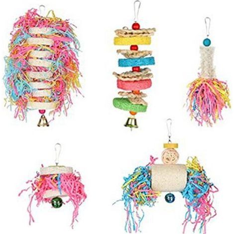 Lot de 5 jouets de recherche de nourriture pour oiseaux, jouet à déchiqueter en luffa pour perroquet, à suspendre dans une cage à conures (1/4)