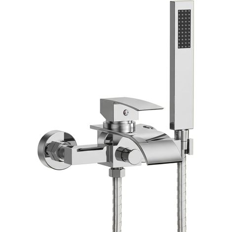 EVERSTEIN Badewannenarmatur mit Handbrause Wannenarmatur Wasserhahn Badewanne:  Wandmontage Badarmatur Aufputz Messing Verchromt, Dusch- & Badewannenarmatur Set, Luxus Design Wannenmischer Glänzend