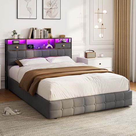 Doppelbett 140x200 cm, Erwachsenenbett 140x200 cm, Bettgestell 140x200 cm aus Metall, LED und 4 Schubladen, für 2 Personen, Samtstoff, Grau (1/5)