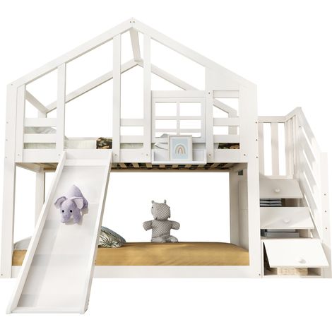 Lit cabane enfant 90x200 cm avec toboggan, escaliers de rangement, structure en bois et MDF, blanc, pour 2 enfants CHICFURN (1/5)
