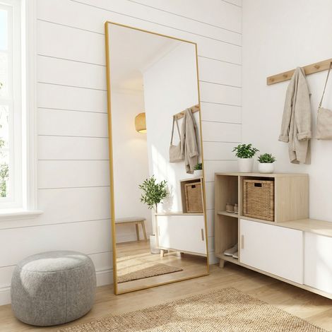 Specchio da terra 164×54cm, rettangolare, specchio a parete con cornice in alluminio, da appendere o da appoggio, vetro HD antiesplosione, per camera da letto e ingresso, stile scandinavo moderno(164×