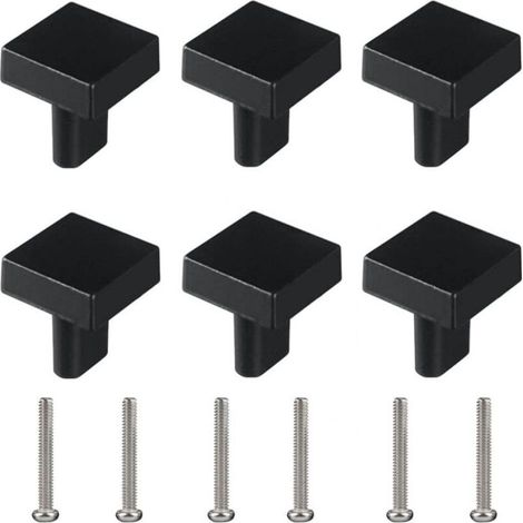 Lot de 6 boutons de tiroir carrés pour meubles - Trou unique - Petite poignée moderne - Noir - Avec vis assorties