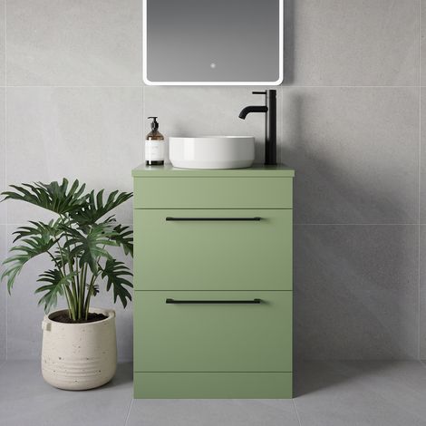 Napoli 390 Olive Green 600mm 2 Drawer Vanity Unit for Countertop Basins - 600mm - Matt Black 320mm Handle