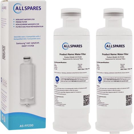 Filtro de agua AllSpares para frigoríficos (2 unidades) compatible con Samsung DA97-17376B (1/5)