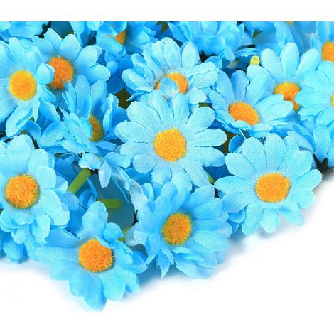 Lot de 100 têtes de fleurs artificielles marguerite gerbera 4cm tissu déco mariage bleu clair