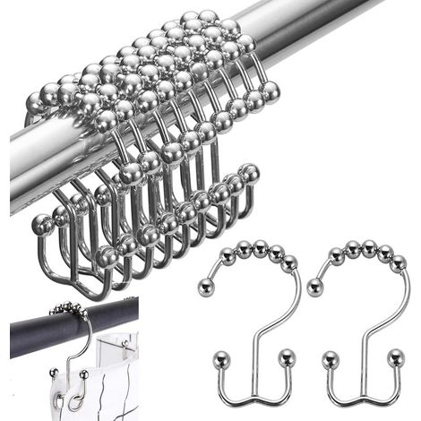 24 pièces anneaux de rideau de douche, acier inoxydable, double crochet, finition argentée, pour rideaux et doublures (1/5)