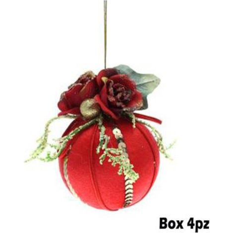4 sfere in velluto per albero natale Ø8 cm - colore rosso - decorazione addobbo natalizio