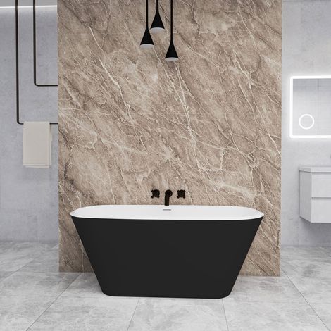 AICA Freistehende Badewanne schwarz 150×72cm Oval Acrylwannen, Komplett Set inkl. Wannenträger und Ablauf.