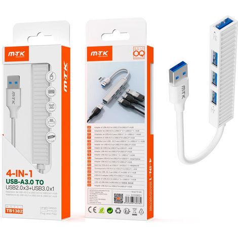 Hub adaptador USB a 1x Usb 3.0 / 3x Usb 2.0 / TB1382 / Blanco / MTk