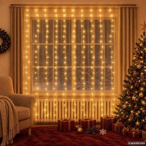 Rideau Lumineux LED 3 x 3 m Guirlande Décoration 300 LED 8 Modes Blanc Chaud USB - PANGIVO (1/5)