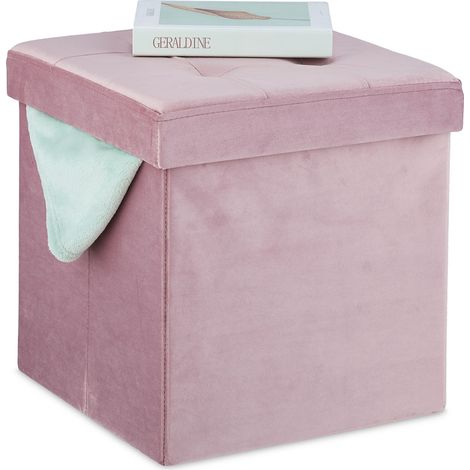 Relaxdays Storage Ottoman, Foldable, Seat Stool with Storage, Upholstered, HxWxD: 38 x 38 x 38 cm, Seating Cube, Pink (1/5)