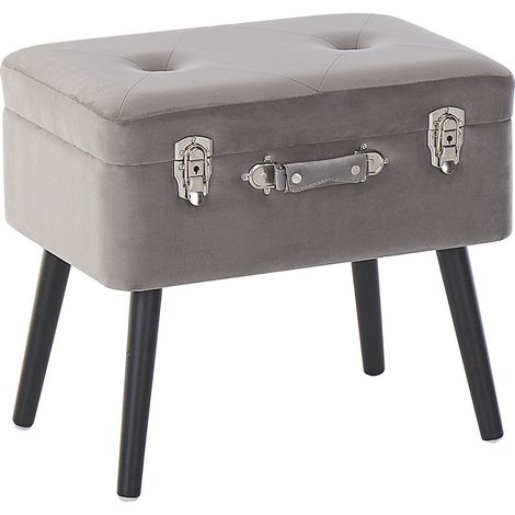 Comodino Sgabello Contenitore Velluto Grigio Imbottito Gambe Nere Tipo Valigia Mallard