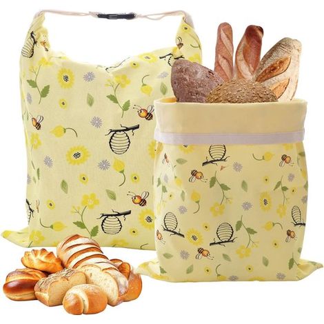 Sacchetti per il pane, confezione da 2, sacchetti in cera d'api con coulisse, 43 x 33 cm, non sbiancati, riutilizzabili, a zero rifiuti, per pane fatto in casa (1/5)