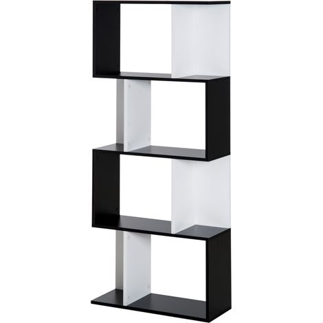 Bibliothèque à 5 niveaux, meuble de rangement en forme de S avec étagères, idéal pour le salon, la chambre ou le bureau, 60 x 24 x 148 cm, noir et blanc (1/5)
