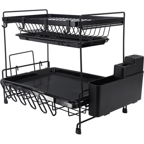 Égouttoir à vaisselle à 2 niveaux, pliable, universel et pratique pour le rangement, avec porte-ustensiles pour la cuisine. (1/5)