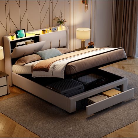 Doppelbett 140x200 cm Beige/Weiß aus Massivholz und MDF mit Stauraum, Beleuchtung und USB-Ladefunktion (1/5)