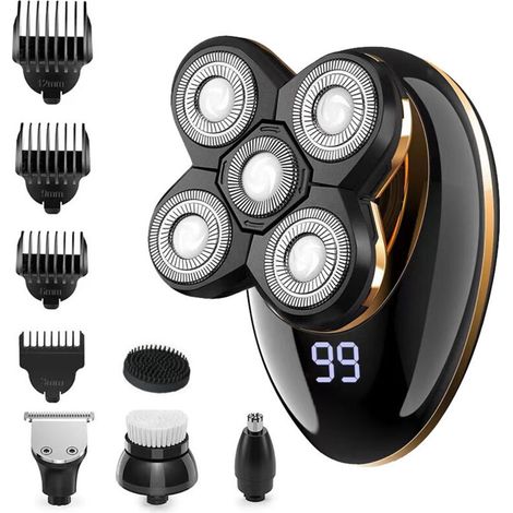 Rasoio da uomo 5 in 1, rasoio rotante senza fili 5D flottante con tecnologia ricaricabile tramite USB, kit di cura personale multifunzionale, rifinitore per barba impermeabile, utilizzabile sia a secc (1/4)