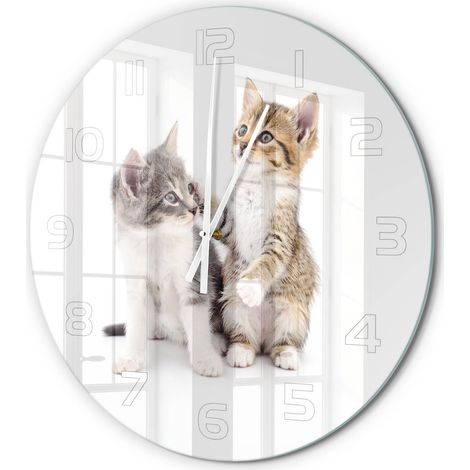 Horloge Murale Ronde Verre Trempé Chiffres Lisibles Silencieuse Moderne Deux petits chats fi 60 cm (1/5)