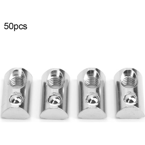 Lot de 50 écrous à ressort pour rainure en T, forme ronde, acier carbone nickelé, raccords de fixation M8, connecteurs filetés. (1/5)