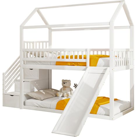 Lit mezzanine enfant 90x200 cm avec toboggan et rangement, blanc, en bois - FLORAGRACE (1/5)