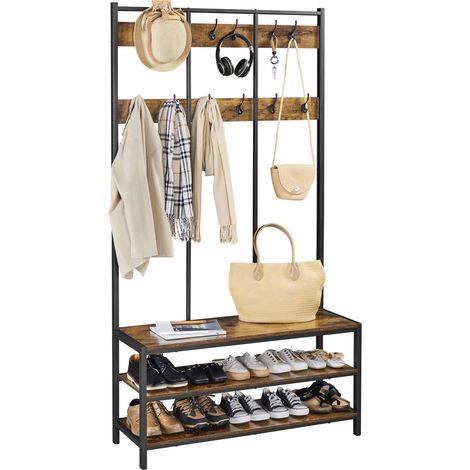Homevive Zapatero Entrada Recibidor Recibidor Perchero de Industrial con 12 Ganchos Dobles Perchero de Pie para Sala de Estar 100×40×185cm  Marrón Rústico
