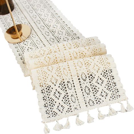 Camino de mesa, encaje de algodón, estampado ondulado beige, flecos, estilo bohemio vintage, decoración para fiestas de boda (1/5)