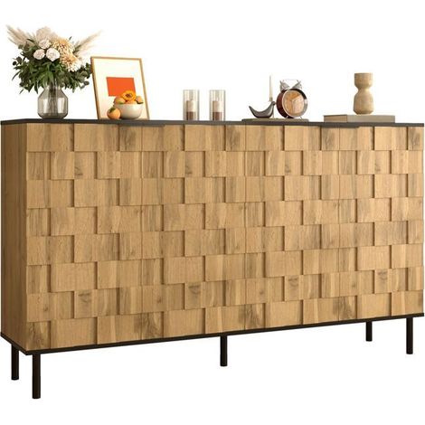 Buffet Meuble Salon aspect bois à deux portes rangement aspect bois panneaux en aggloméré pieds en métal style mosaïque (1/5)
