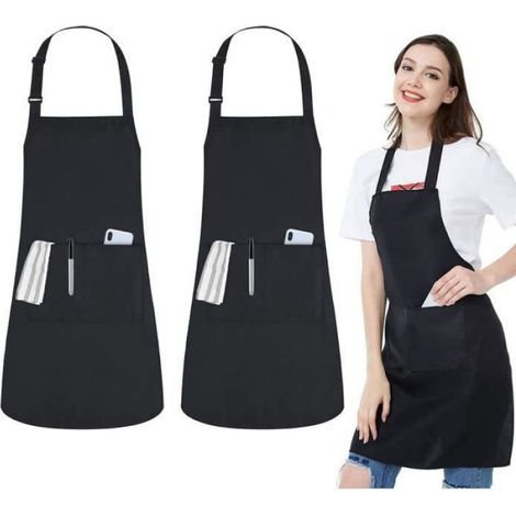 Tablier De Cuisine - Réglable Tour De Cou Et Bandoulière - 2 Poches - Noir - Lot De 2 (1/4)