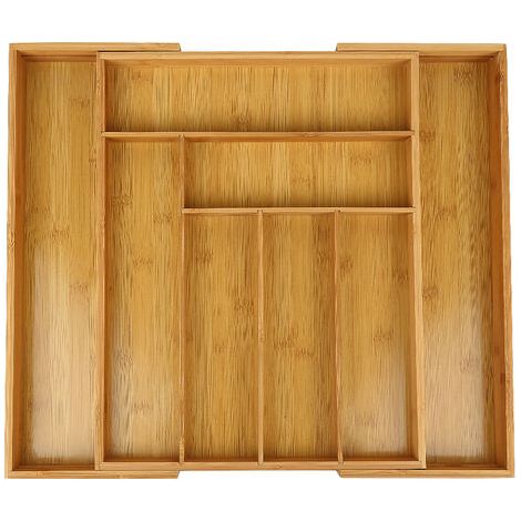 Organisateur de tiroir en bambou extensible pour couverts – 6 à 8 compartiments – Largeur 32,5 à 49 cm – Écologique et lavable (1/5)