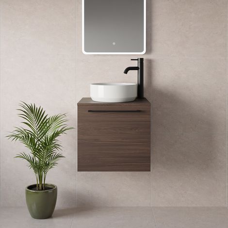 Napoli 390 Brown Oak 500mm Wall Mounted Single Drawer Vanity Unit for Countertop Basins - 500mm - Matt Black 320mm Handle