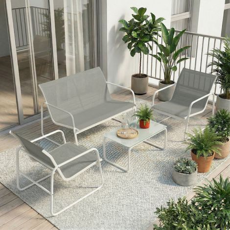 Ensemble de jardin 4 pièces comprenant un canapé 2 places, 2 fauteuils, une table en verre trempé et un revêtement en tissu textilène gris clair.