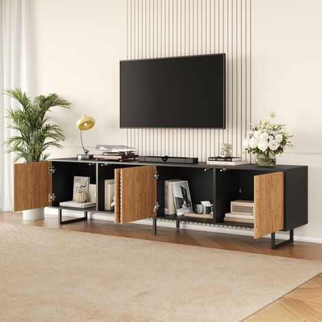 Armoire TV 180x40x50cm 4 portes,adaptée TV 80 pouces,design sous vide panneau bas bois naturel et noir pour salon.