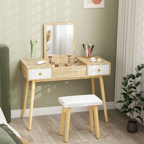 Ensemble de coiffeuse avec tabouret miroir rabattable style scandinave 2 tiroirs 100 x 45 x 118 cm naturel et blanc