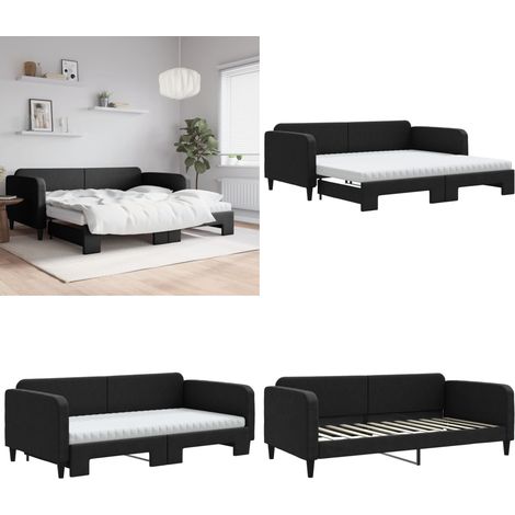 Lit de jour avec gigogne et matelas noir 100x200 cm tissu - Canapé Convertible - Lit Gigogne - Canapé Lit - Meuble Multifonctionnel - Literie - Home & Living
