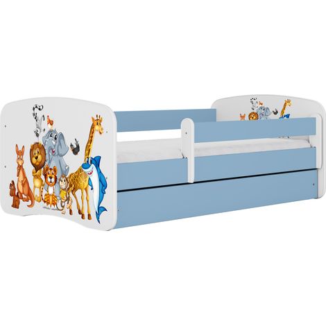 Lit enfant 80 x 180 cm motif animaux avec tiroir et avec barrière amovible sans matelas bleu (1/4)