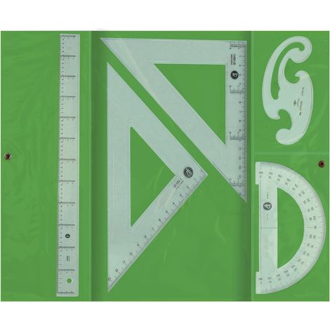 Jeu d'équerres et de règles de 25cm 30cm demi-cercle 15cm et gabarit de courbes liderpapelen vert pochette opaque