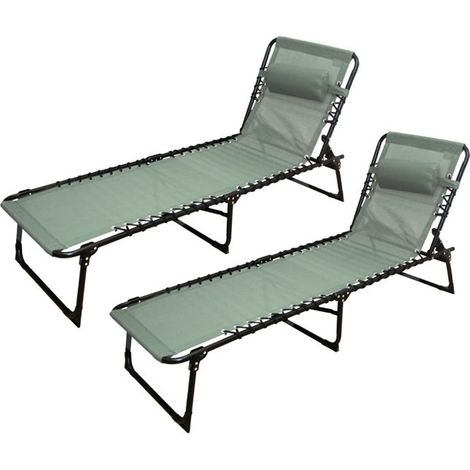 Chaise longue pliante (transat) - JUANIO - Lot de 2 - Kaki - Coussin amovible - Structure acier anti-rouille (1/4)