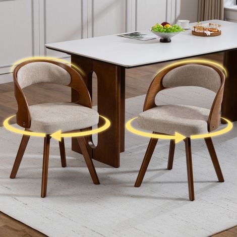 Lot de deux chaises de salle à manger en bois de style moderne, dotées de sièges pivotants, de coussins d'assise en coton et lin, et de dossiers incurvés — Chaises d'appoint pour cuisine ou café (Lin (1/5)