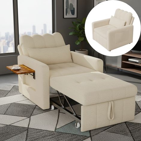 Divano letto in tessuto chenille 70x190 cm - Divano trasformabile, poltrona trasformabile singola, con braccioli, schienale regolabile, cuscini, tavolino e borsa di stoccaggio – Beige