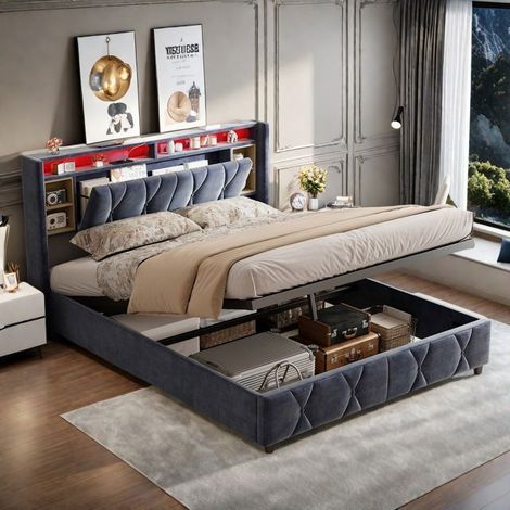 Betten mit Stauraum für Erwachsene - TANANT - 160x200 cm - Graues Velours - LED und USB - Integrierter Stauraum